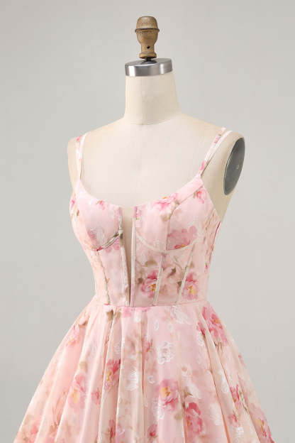 Blush Floral A Line Chiffon Short Corset Homecoming Dress with Lace up Back