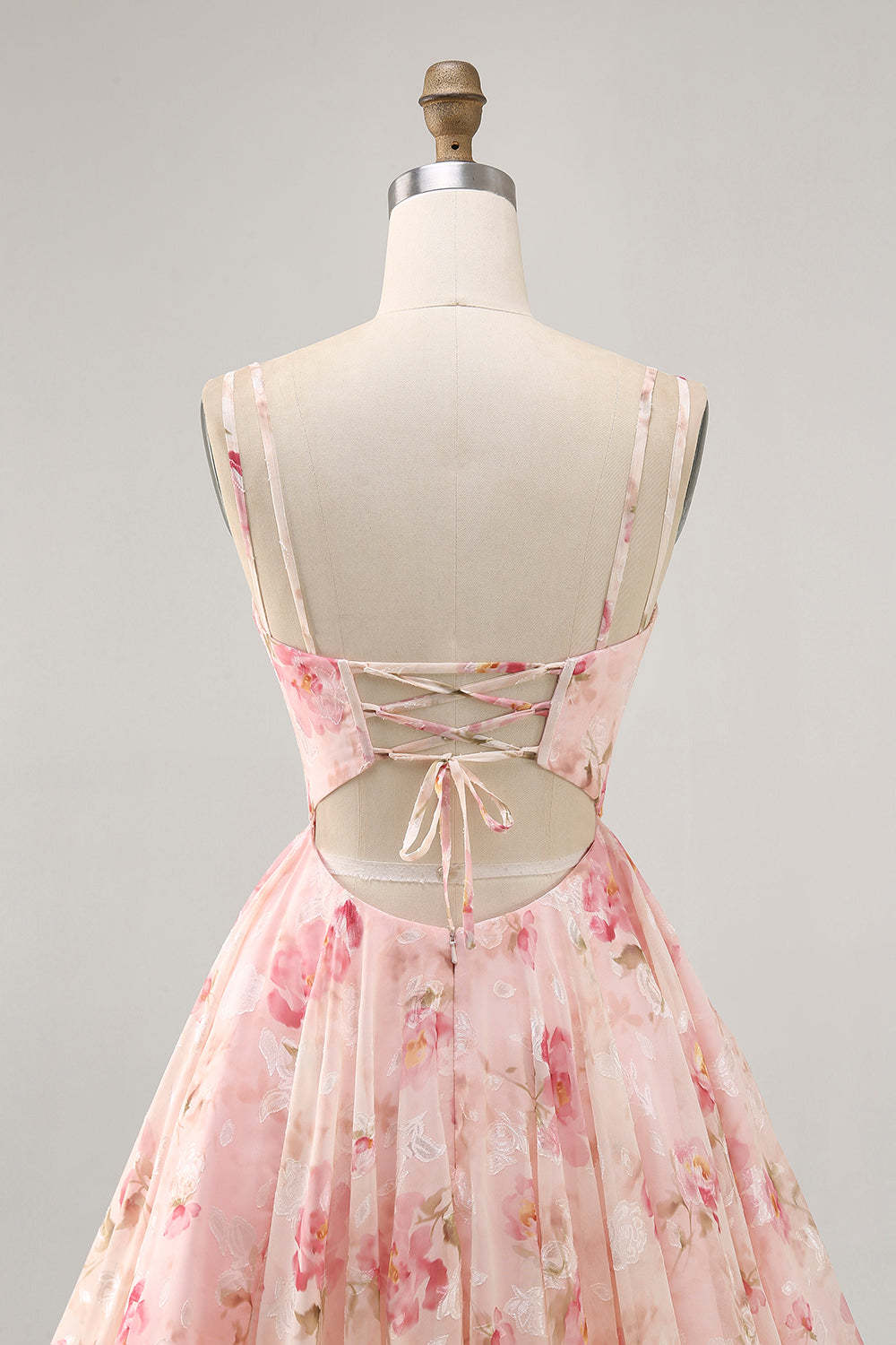 Blush Floral A Line Chiffon Short Corset Homecoming Dress with Lace up Back