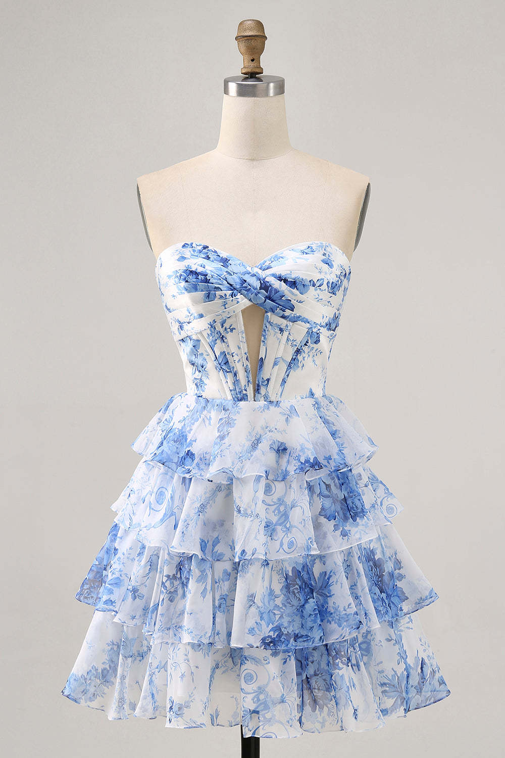 Leely Women White and Blue Floral Short Corset Homecoming Dress Keyhole Tiered Ruched Sweetheart A Line School Party Dress with Ruffles