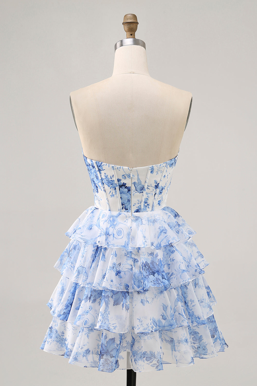 White and Blue Floral Tiered Short Corset Backless Homecoming Dress