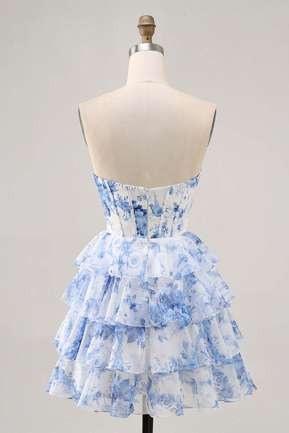 White and Blue Floral Tiered Short Corset Backless Homecoming Dress