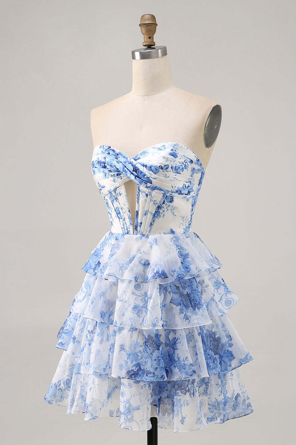 White and Blue Floral Tiered Short Corset Backless Homecoming Dress