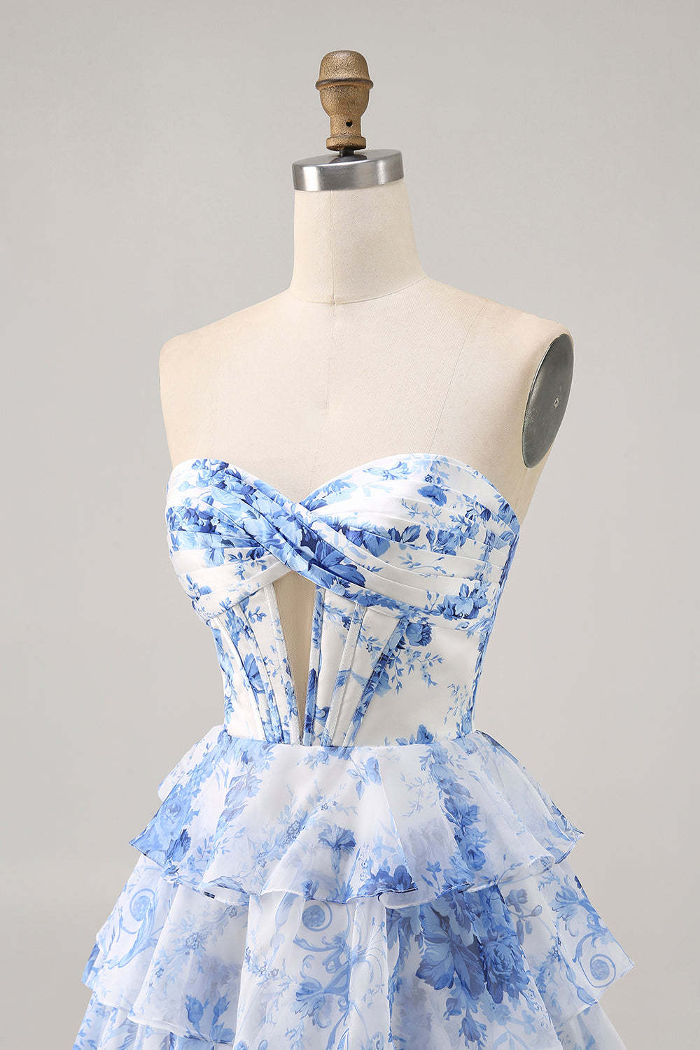 White and Blue Floral Tiered Short Corset Backless Homecoming Dress