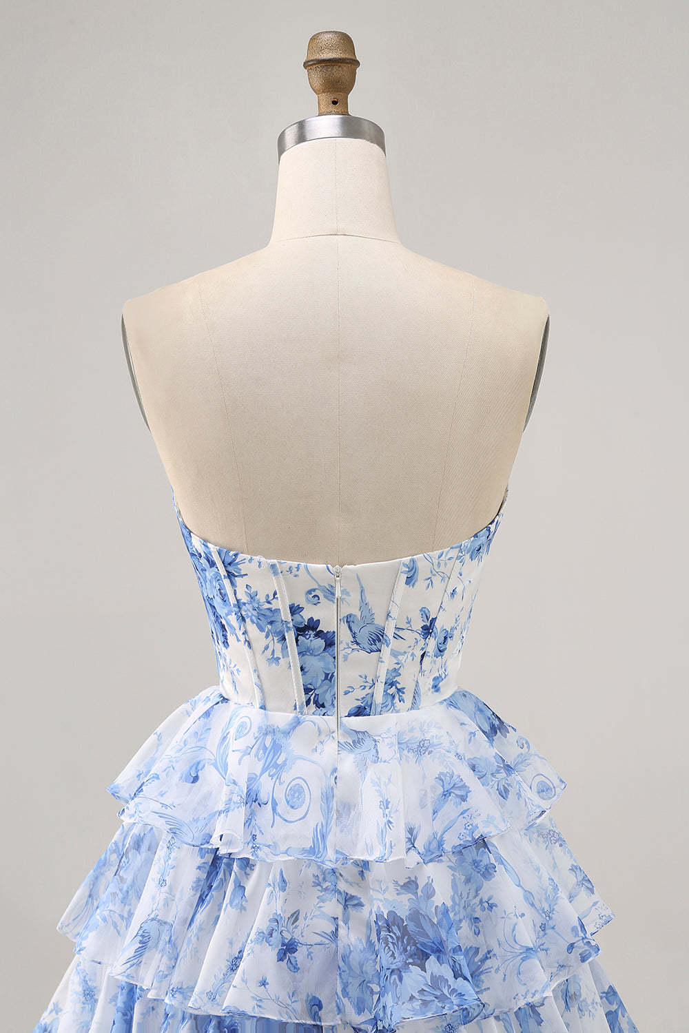 White and Blue Floral Tiered Short Corset Backless Homecoming Dress