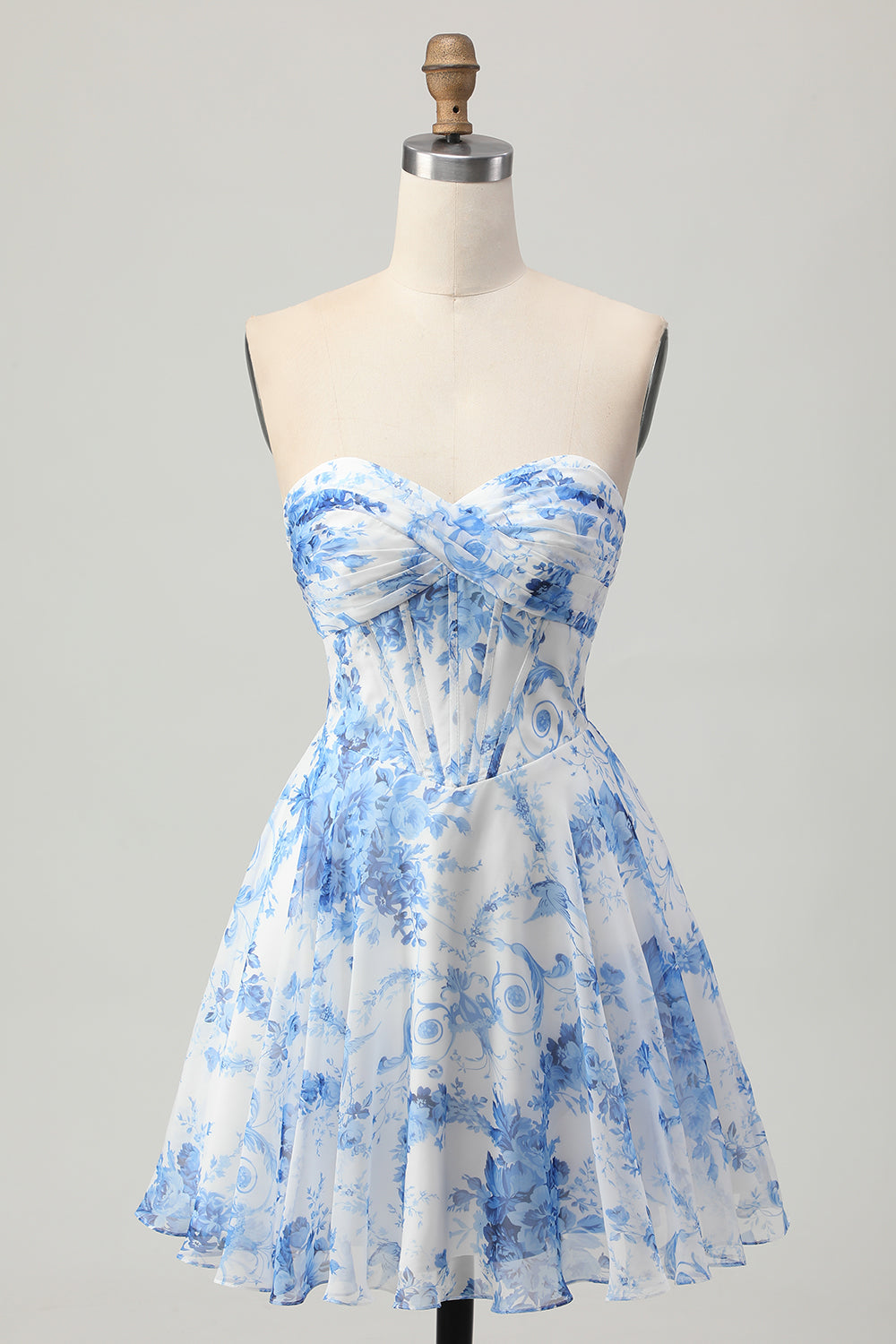 Leely Women White Blue Flower Short Corset Homecoming Dress A Line Sweetheart Pleated Cocktail Dress