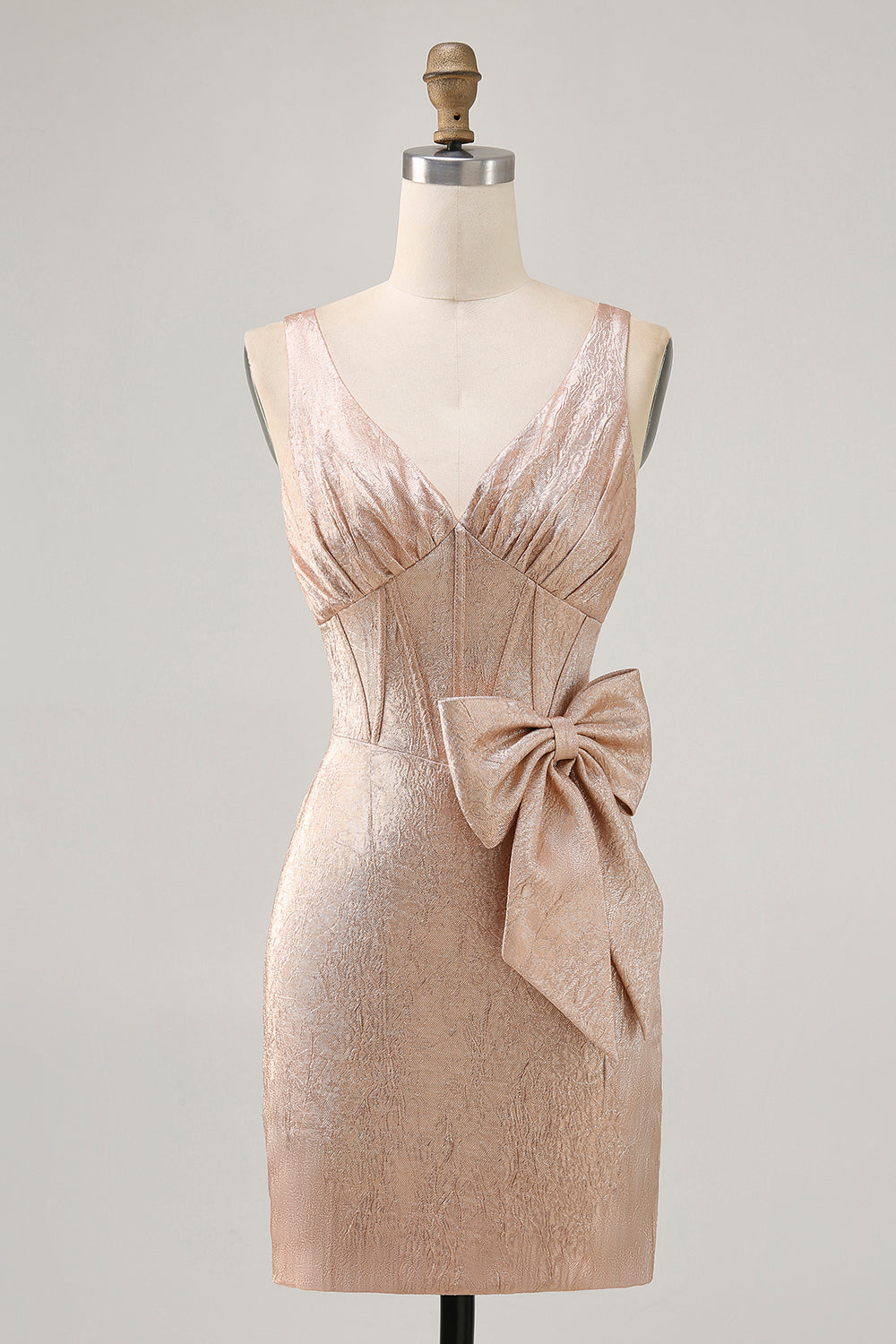 Champagne Tight Short Corset Jacquard Homecoming Dress with Bow