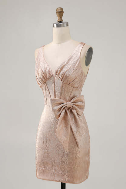 Champagne Tight Short Corset Jacquard Homecoming Dress with Bow