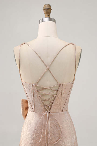 Champagne Tight Short Corset Jacquard Homecoming Dress with Bow