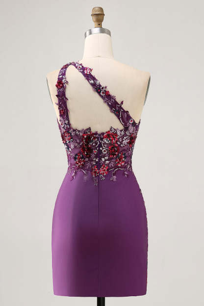Sparkly Dark Purple Floral Tight One Shoulder Short Homecoming Dress with Sequins