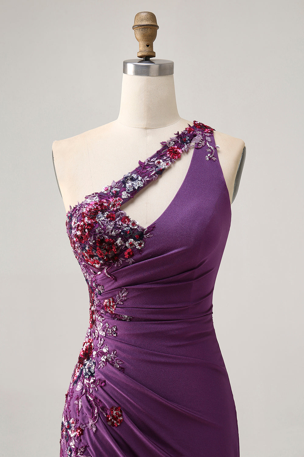 Sparkly Dark Purple Floral Tight One Shoulder Short Homecoming Dress with Sequins
