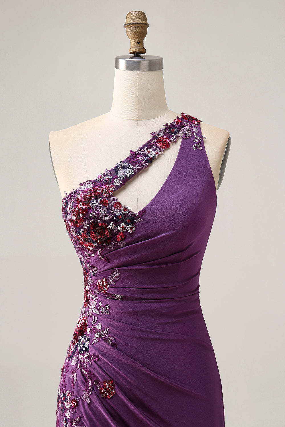 Sparkly Dark Purple Floral Tight One Shoulder Short Homecoming Dress with Sequins