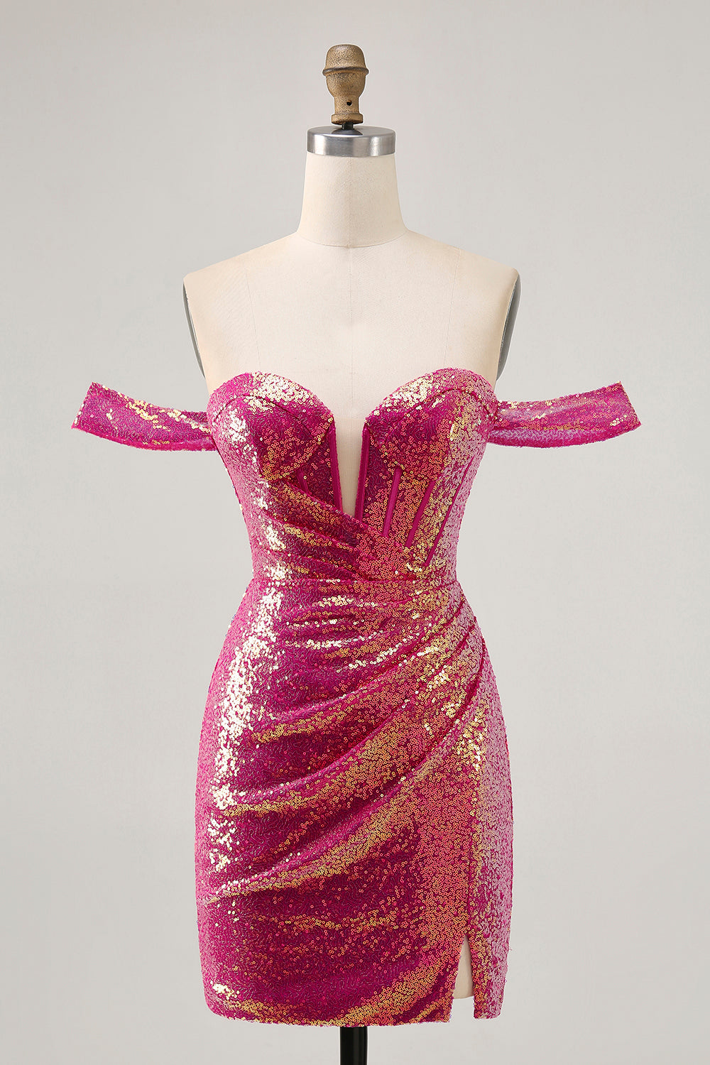 Sparkly Fuchsia Sequin Ruched Tight Short Corset Homecoming Dress