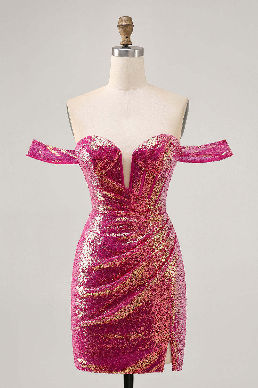 Leely Women Sparkly Fuchsia Short Corset Homecoming Dress Tight Ruched Sequin Off the Shoulder Cocktail Dress with Slit