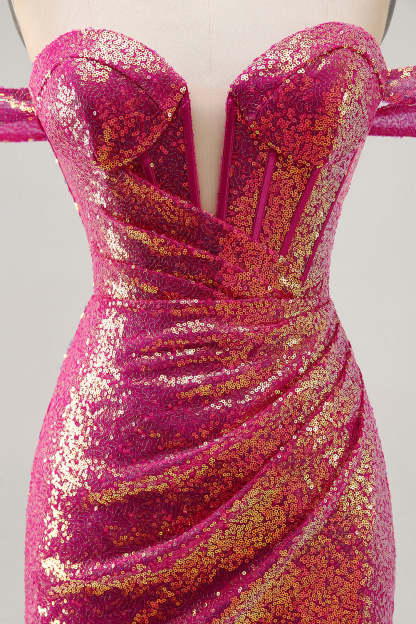 Sparkly Fuchsia Sequin Ruched Tight Short Corset Homecoming Dress