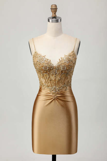 Leely Women Sparkly Golden Short Corset Homecoming Dress with Applique Spaghetti Straps Satin Tight Cocktail Dress