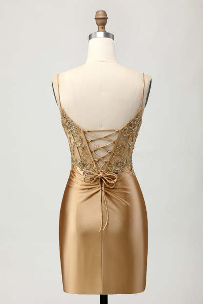 Sparkly Golden Tight Short Corset Homecoming Dress with Applique