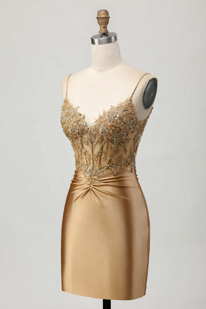 Sparkly Golden Tight Short Corset Homecoming Dress with Applique