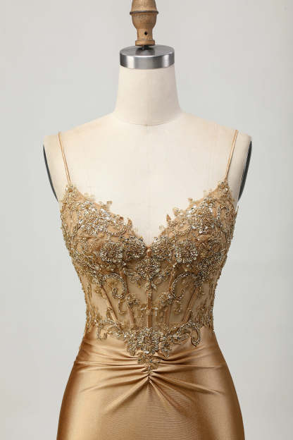 Sparkly Golden Tight Short Corset Homecoming Dress with Applique
