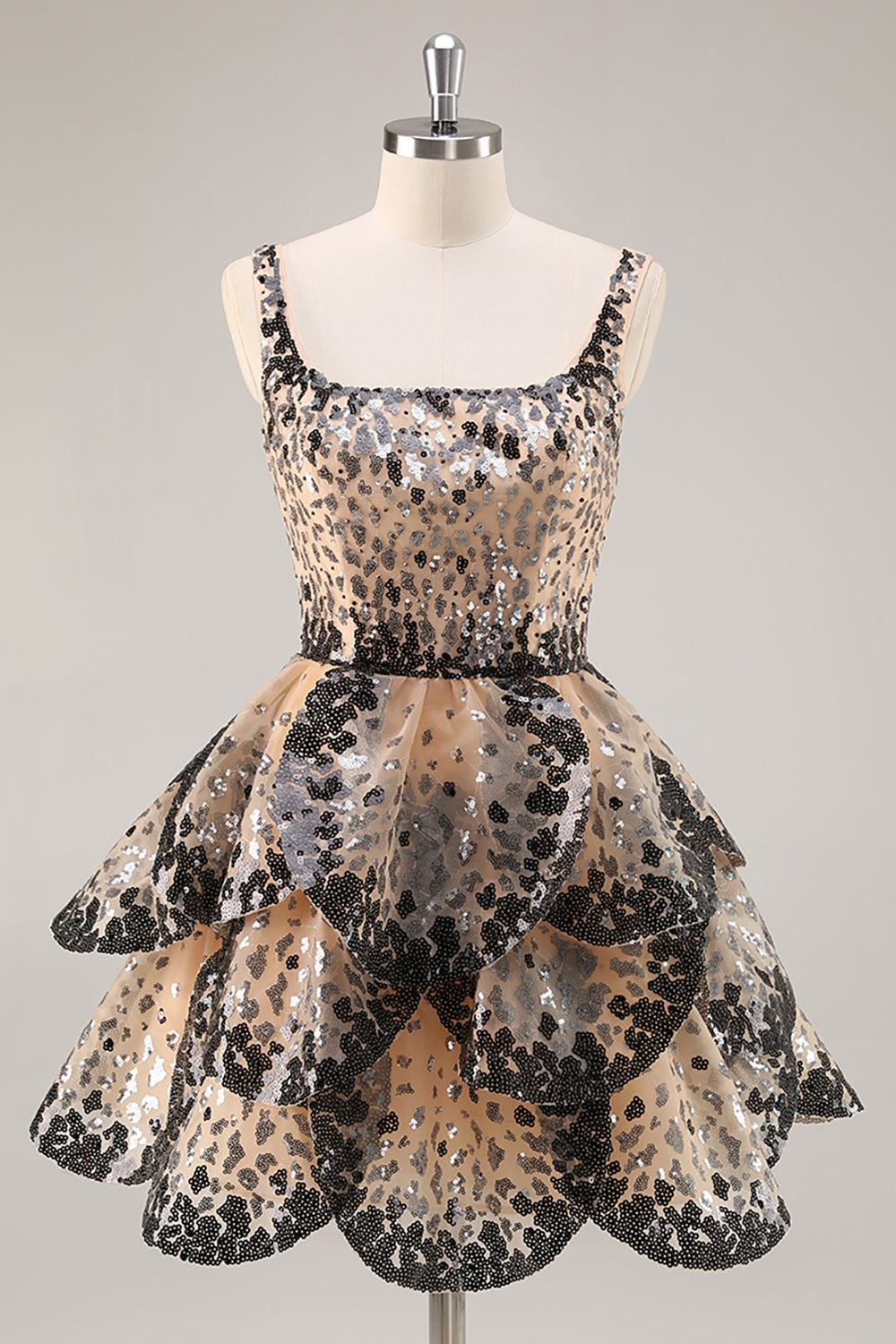 Leely Women Sparkly Black and Apricot Sequin Short Homecoming Dress with Ruffles Tiered Square Neck A Line Cocktail Dress