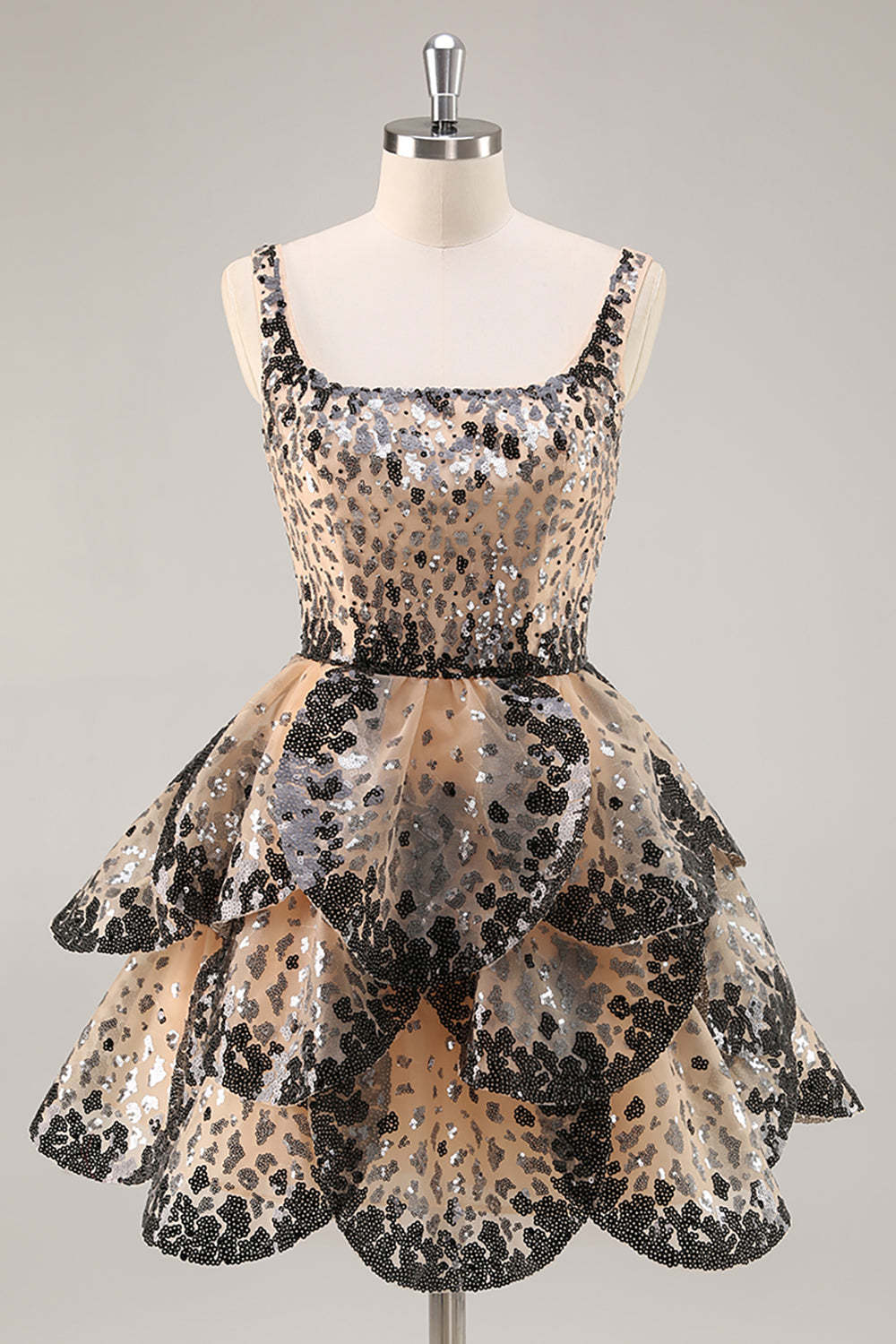 Leely Women Sparkly Black and Apricot Sequin Short Homecoming Dress with Ruffles Tiered Square Neck A Line Cocktail Dress