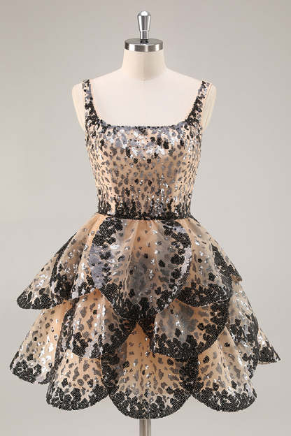 Leely Women Sparkly Black and Apricot Sequin Short Homecoming Dress with Ruffles Tiered Square Neck A Line Cocktail Dress