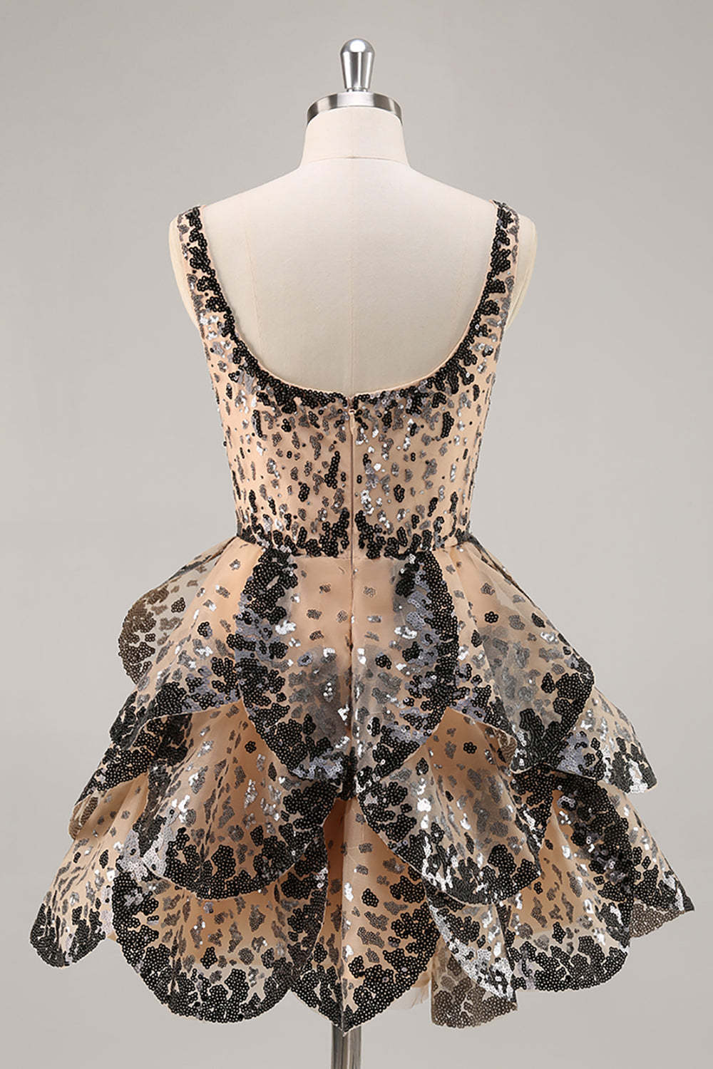 Sparkly Black and Apricot Square Neck Sequin Tiered Short Homecoming Dress
