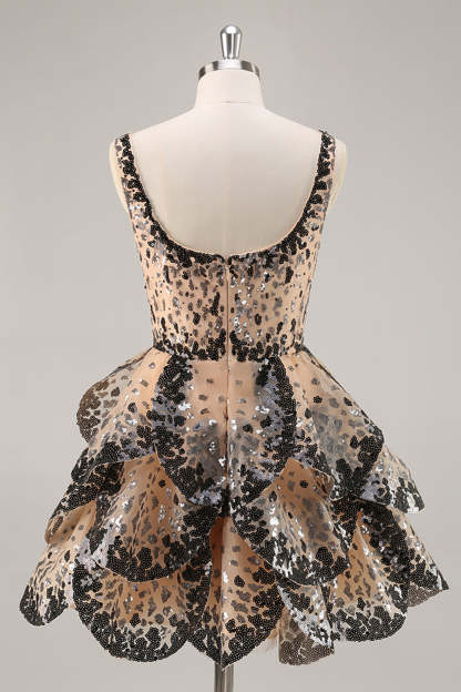 Sparkly Black and Apricot Square Neck Sequin Tiered Short Homecoming Dress