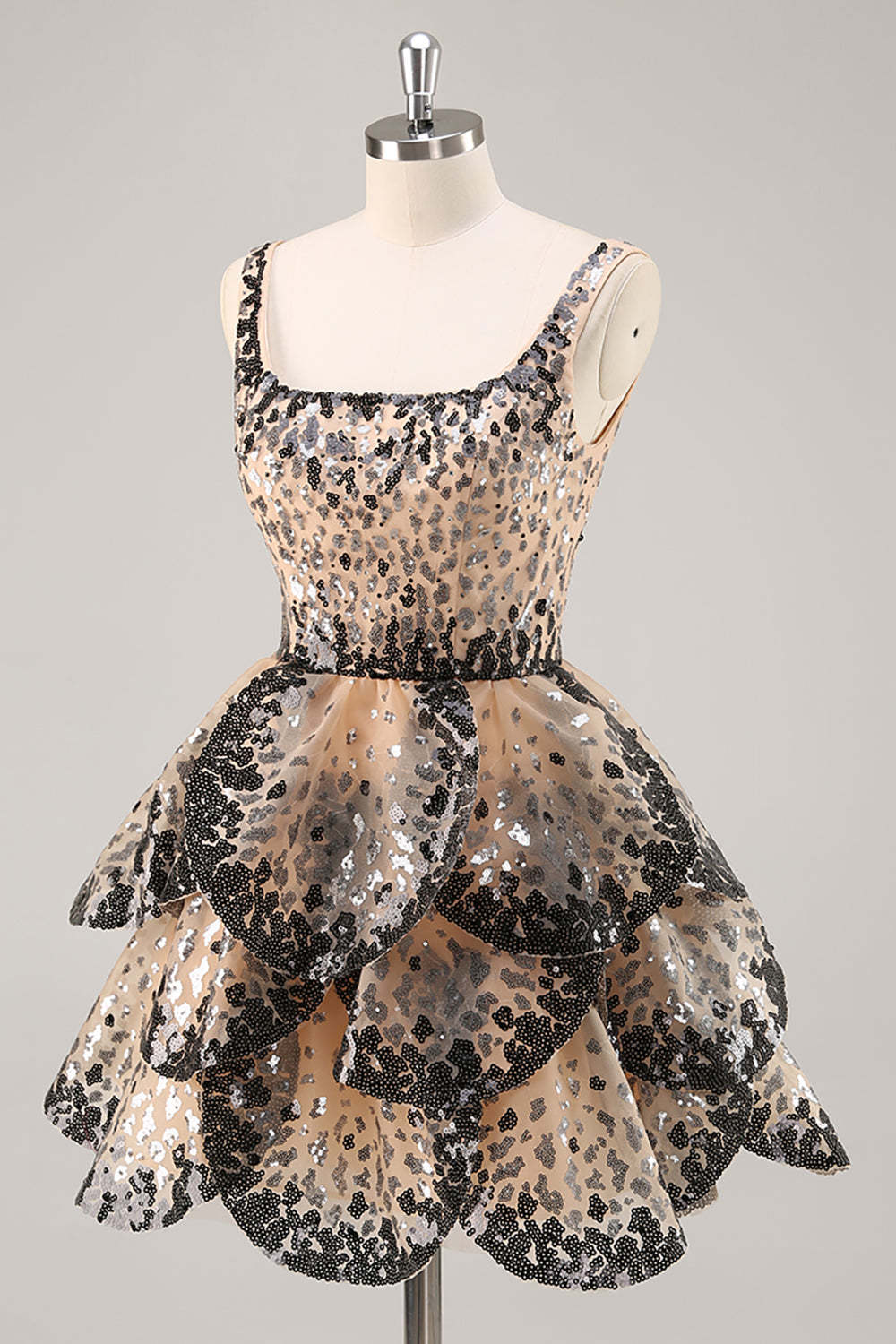 Sparkly Black and Apricot Square Neck Sequin Tiered Short Homecoming Dress