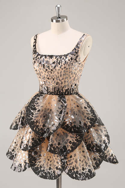 Sparkly Black and Apricot Square Neck Sequin Tiered Short Homecoming Dress