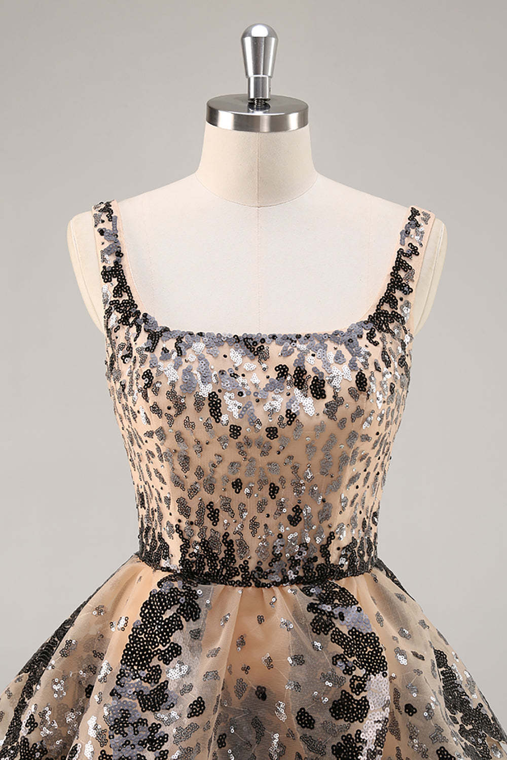 Sparkly Black and Apricot Square Neck Sequin Tiered Short Homecoming Dress