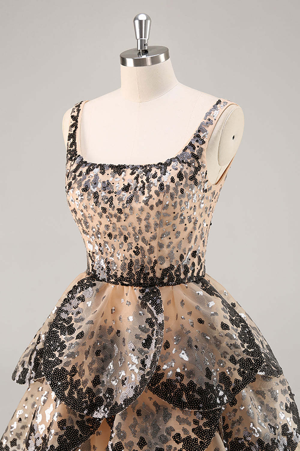 Sparkly Black and Apricot Square Neck Sequin Tiered Short Homecoming Dress