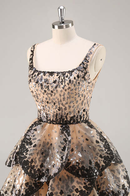 Sparkly Black and Apricot Square Neck Sequin Tiered Short Homecoming Dress