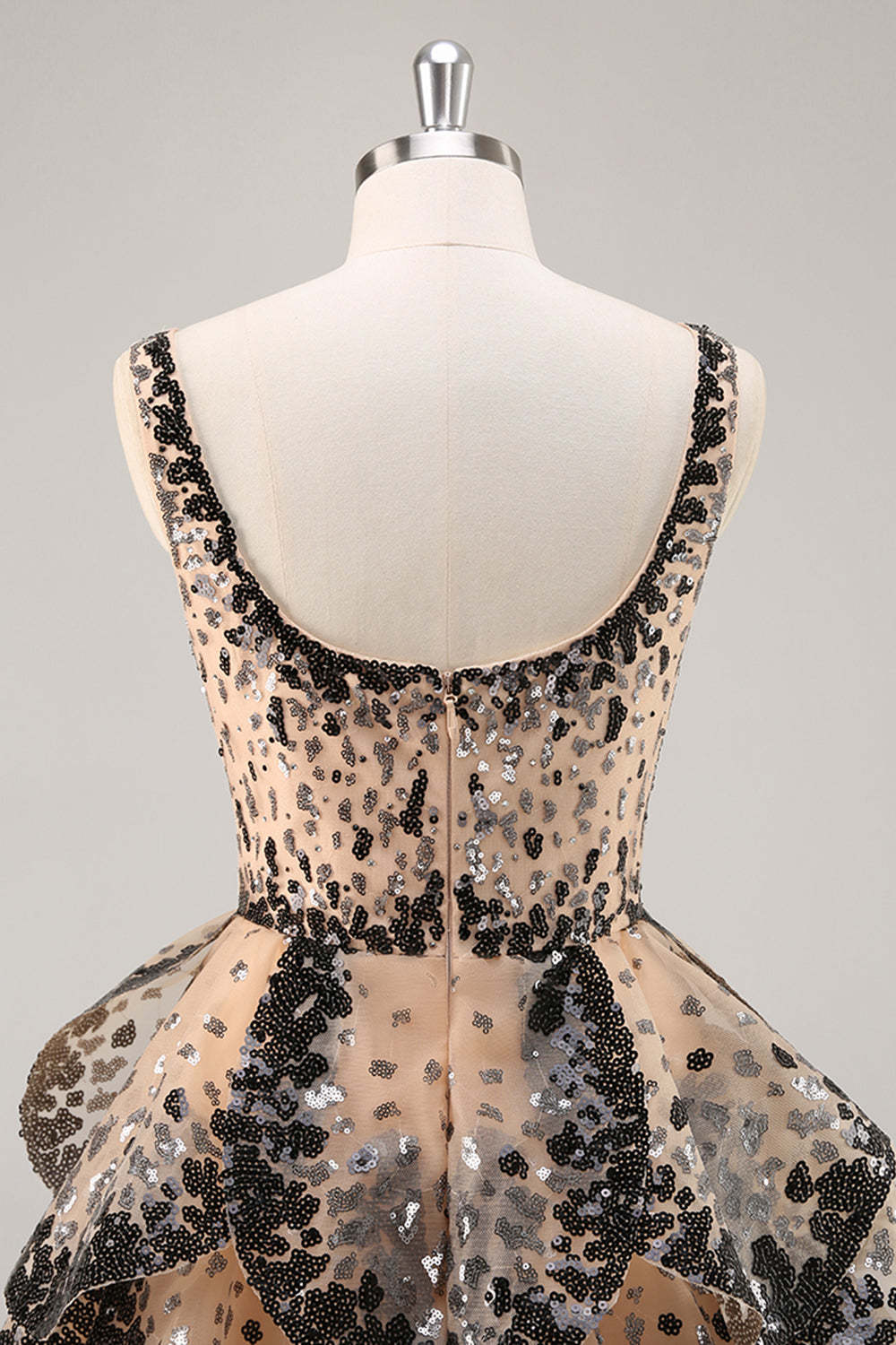 Sparkly Black and Apricot Square Neck Sequin Tiered Short Homecoming Dress