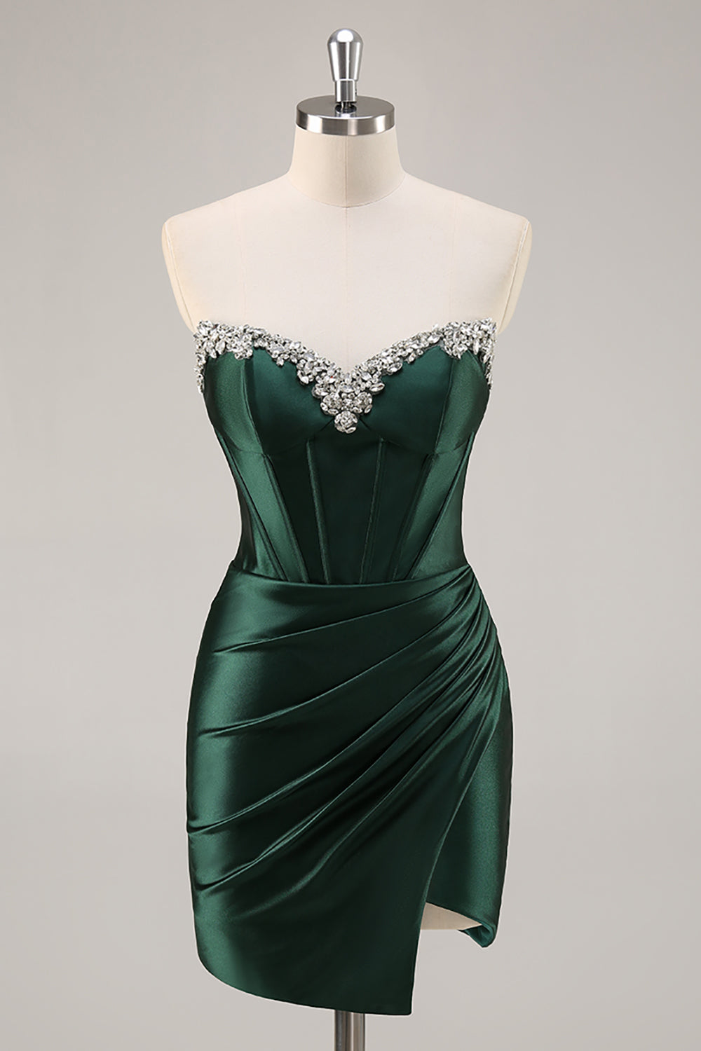 Leely Women Sparkly Dark Green Corset Short Homecoming Dress with Rhinestones Strapless Satin Ruched Tight Cocktail Dress