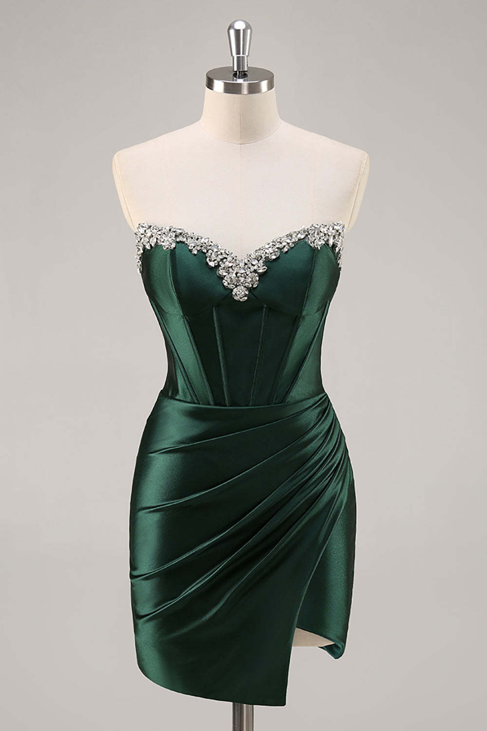 Leely Women Sparkly Dark Green Corset Short Homecoming Dress with Rhinestones Strapless Satin Ruched Tight Cocktail Dress