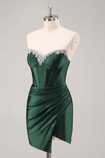 Sparkly Dark Green Corset Strapless Ruched Short Homecoming Dress