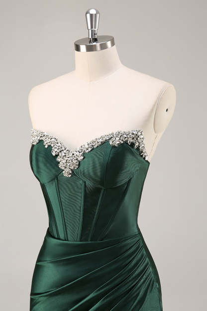 Sparkly Dark Green Corset Strapless Ruched Short Homecoming Dress