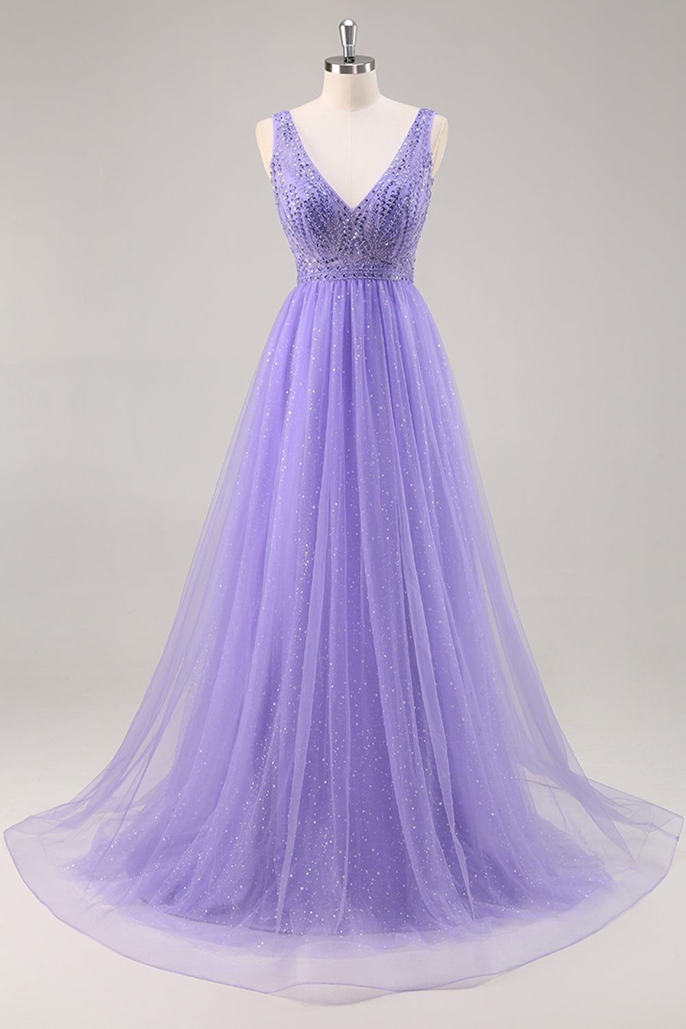 Sparkly Purple Beaded V-Neck A Line Tulle Maxi Prom Dress