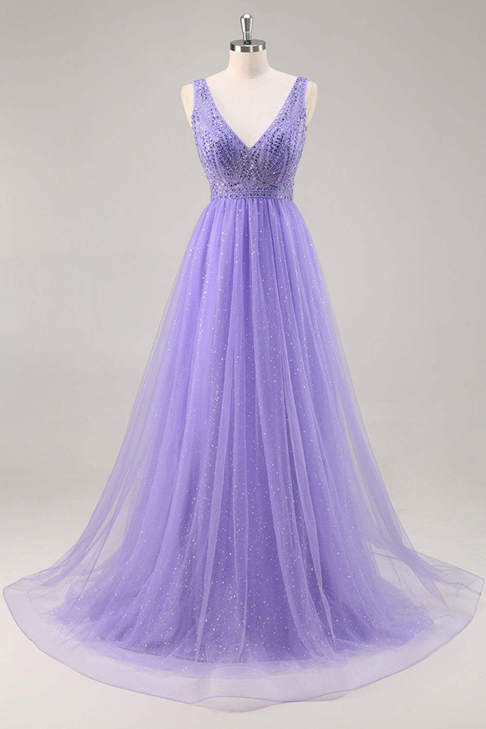 Leely Women Sparkly Purple Beaded Maxi Prom Dress V-Neck Tulle Backless A Line Evening Dress