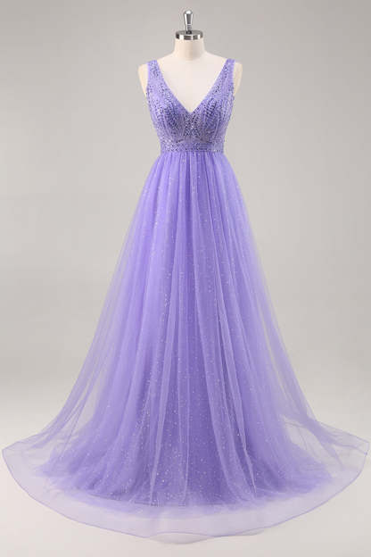 Leely Women Sparkly Purple Beaded Maxi Prom Dress V-Neck Tulle Backless A Line Evening Dress