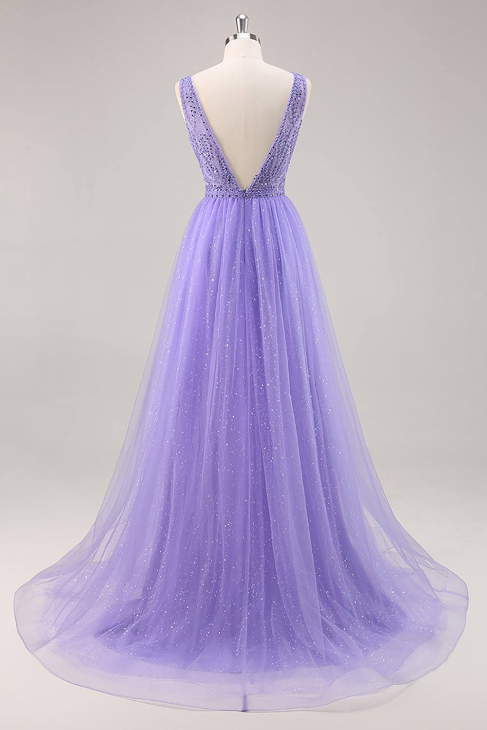 Sparkly Purple Beaded V-Neck A Line Tulle Maxi Prom Dress