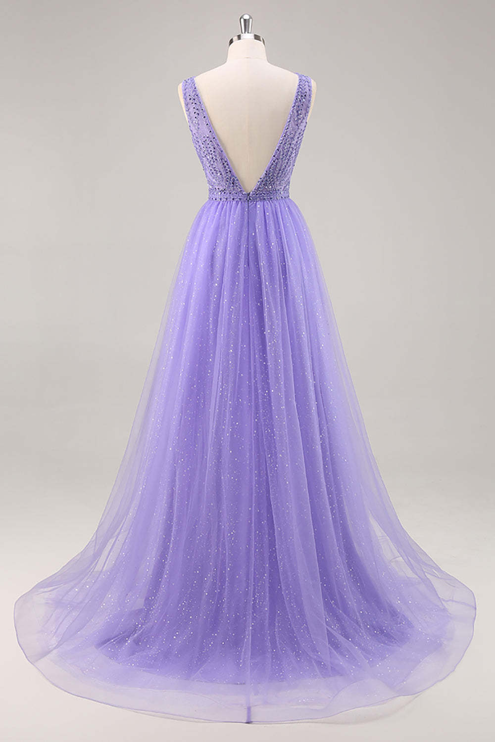 Sparkly Purple Beaded V-Neck A Line Tulle Maxi Prom Dress