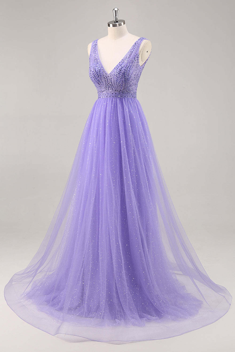 Sparkly Purple Beaded V-Neck A Line Tulle Maxi Prom Dress