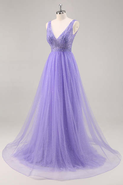 Sparkly Purple Beaded V-Neck A Line Tulle Maxi Prom Dress