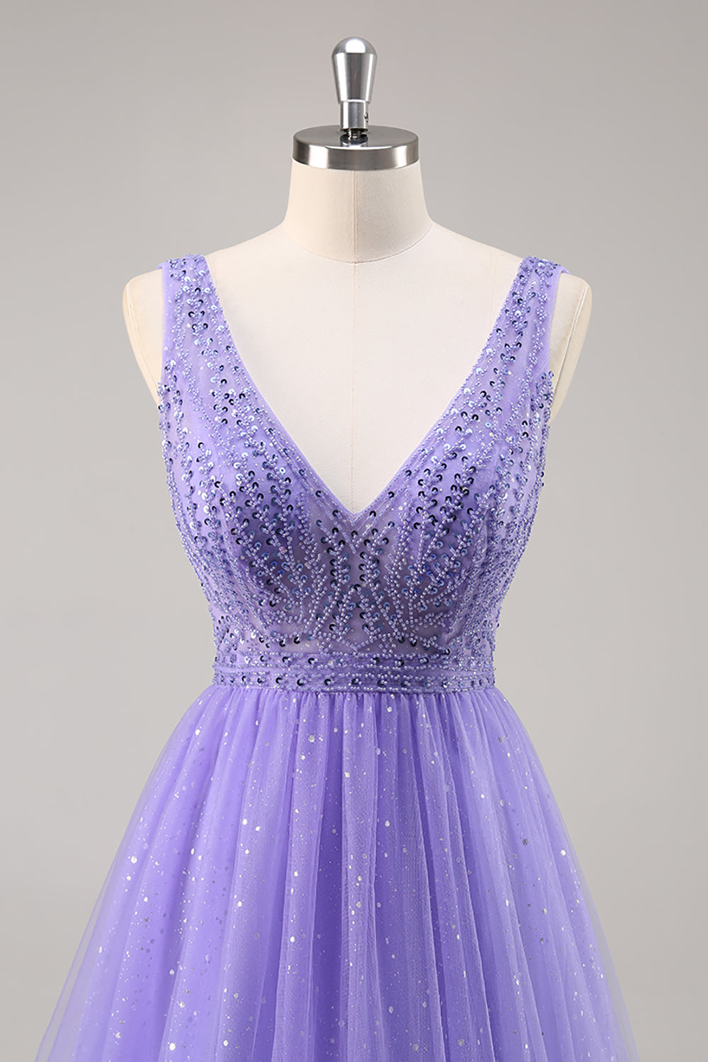 Sparkly Purple Beaded V-Neck A Line Tulle Maxi Prom Dress