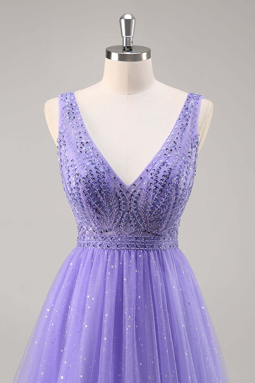 Sparkly Purple Beaded V-Neck A Line Tulle Maxi Prom Dress