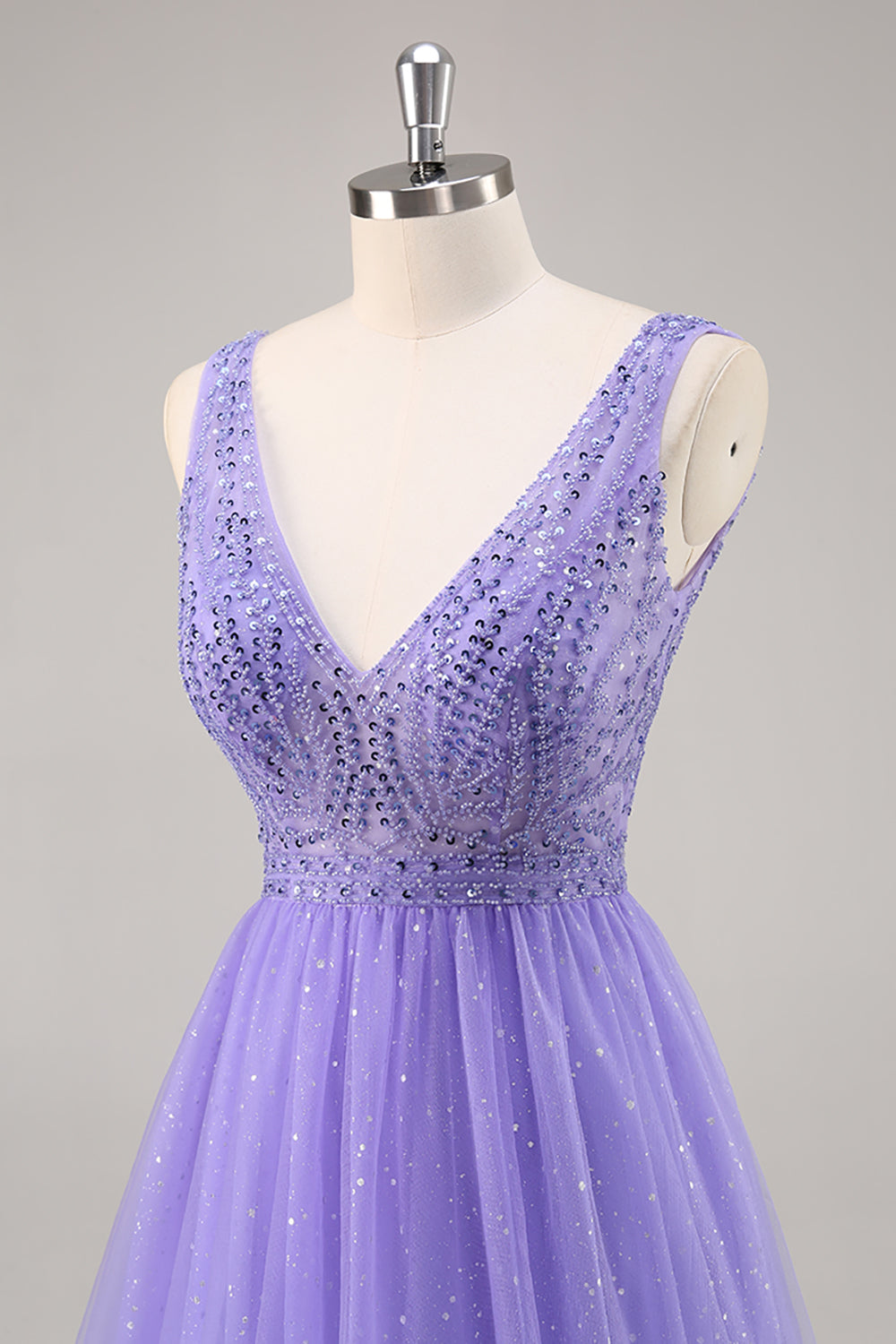 Sparkly Purple Beaded V-Neck A Line Tulle Maxi Prom Dress