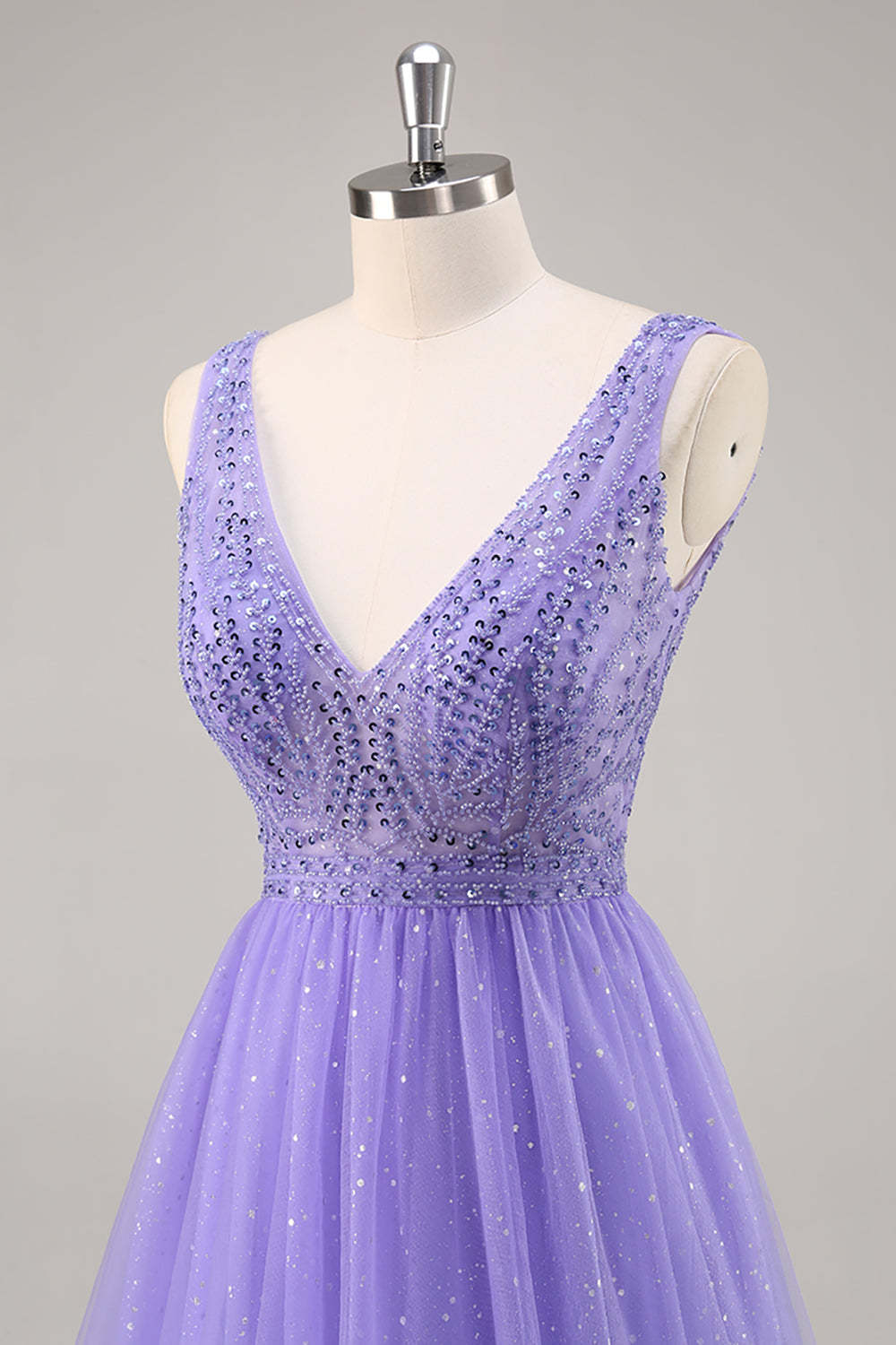 Sparkly Purple Beaded V-Neck A Line Tulle Maxi Prom Dress