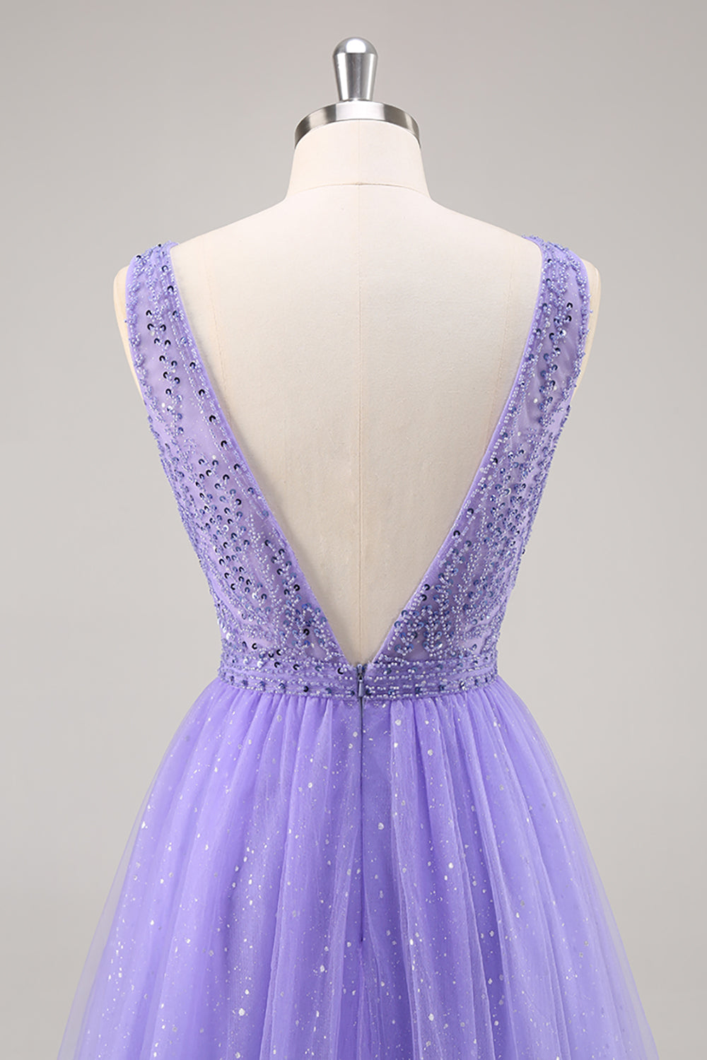 Sparkly Purple Beaded V-Neck A Line Tulle Maxi Prom Dress