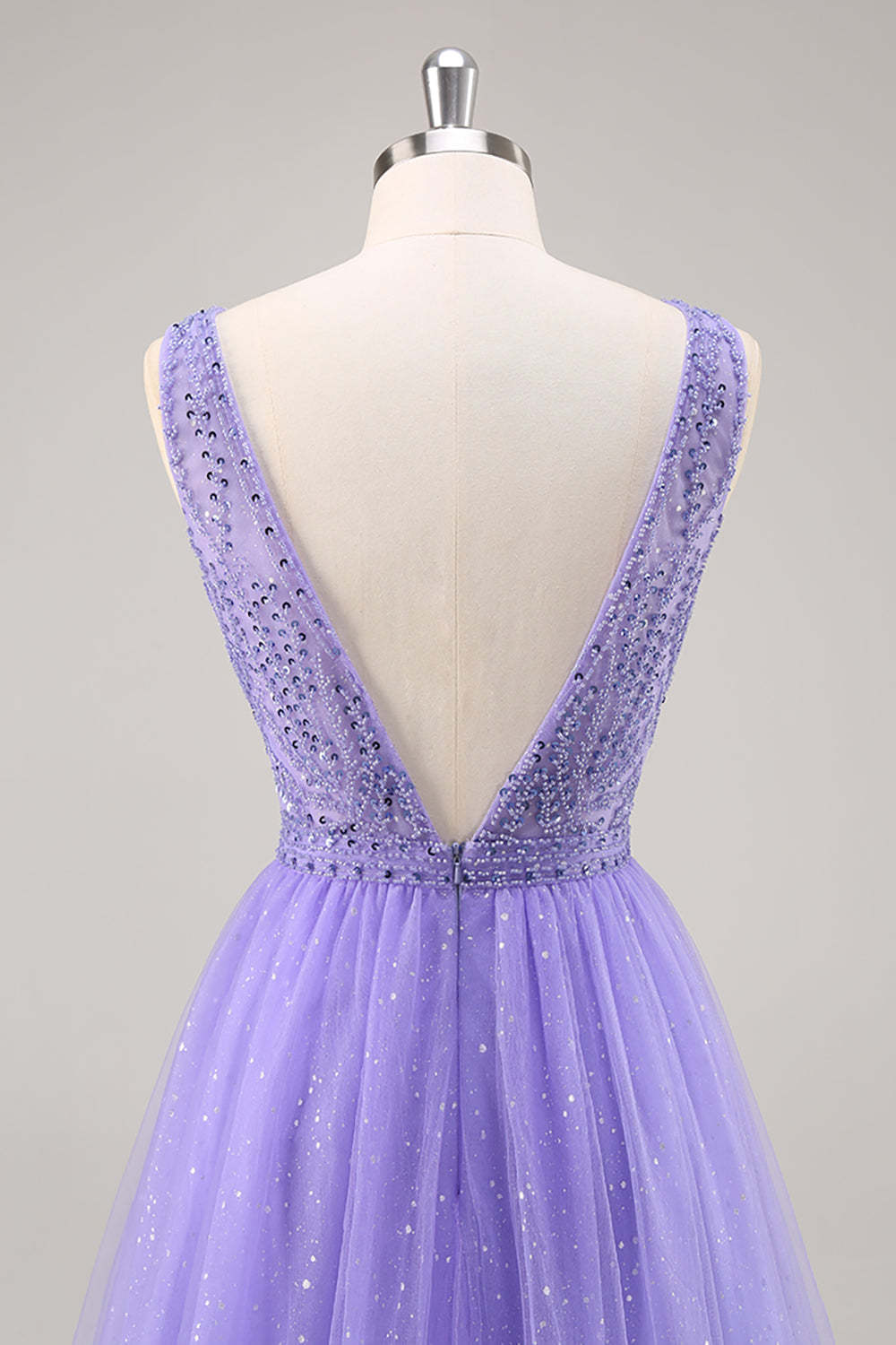 Sparkly Purple Beaded V-Neck A Line Tulle Maxi Prom Dress
